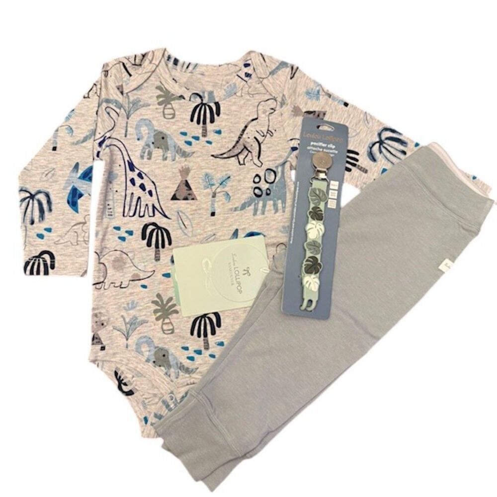 NWT LouLou Lollipop Set Bodysuit Dinosaurs, Pants, Silicone Paci Clip Size 6-12m